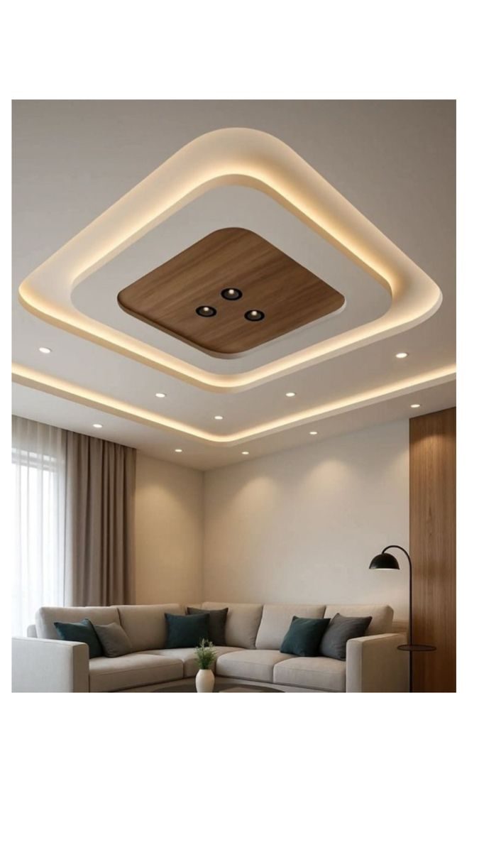 Living Room Ceiling with Wood Inlay — gypsum POP false ceiling by Alecxa Interiors, Nashik
